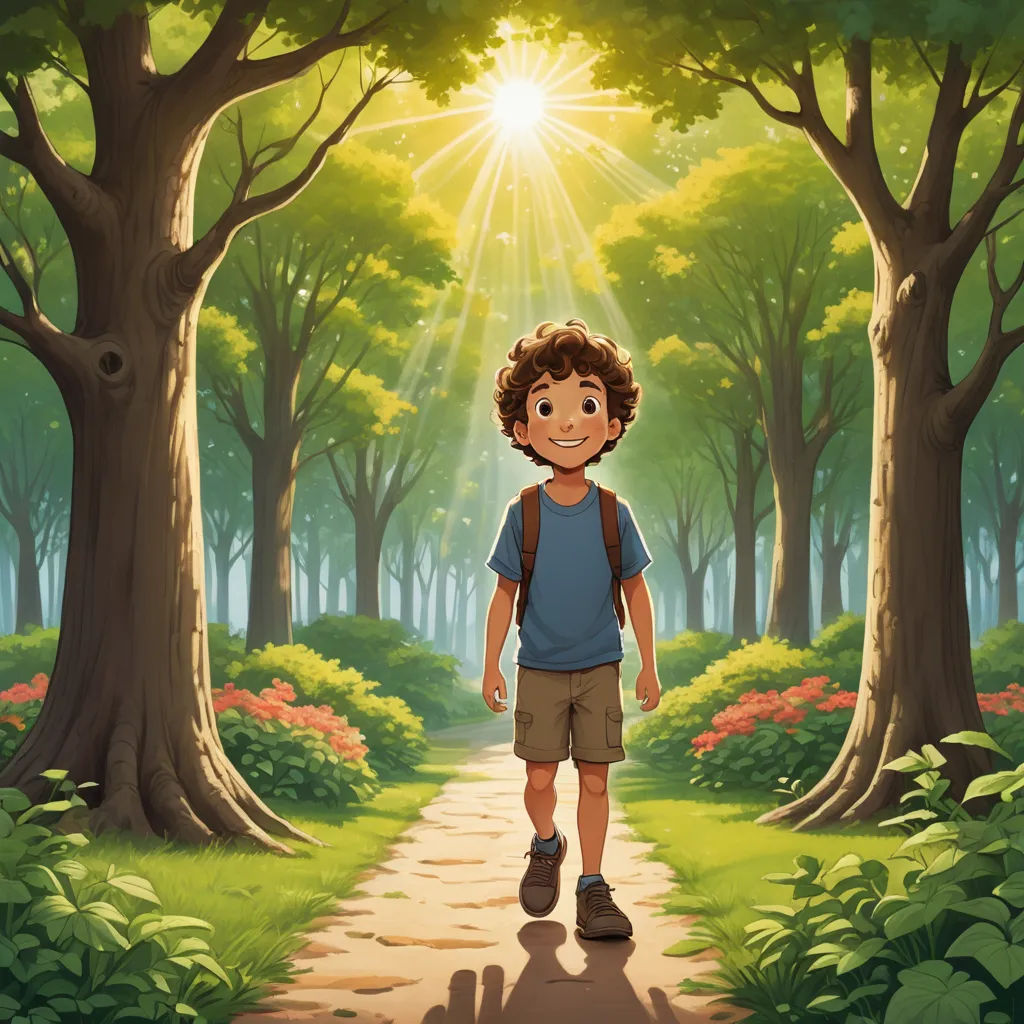 a boy walking down a path in the woods with a backpack on his back and the sun shining through the trees, rayonism, a storybook illustration, Aaron Jasinski, official art