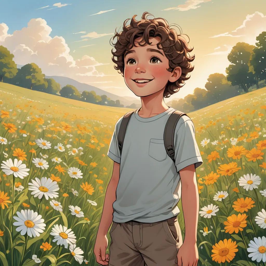 a boy standing in a field of flowers with a sky background and clouds in the background, with a sunlit field of daisies, photorealism, a storybook illustration, Aaron Jasinski, rossdraws global illumination