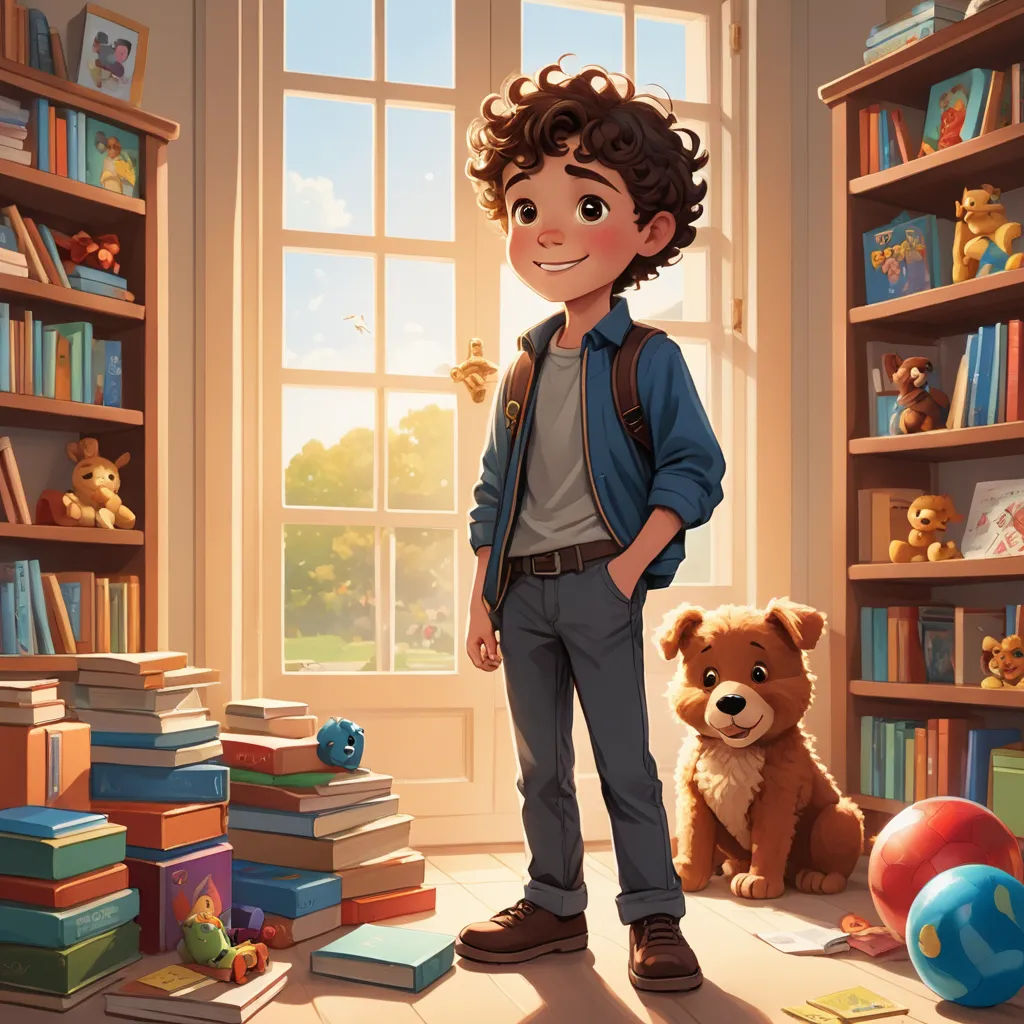 a boy standing in front of a book shelf with a teddy bear and a teddy bear sitting on the floor, photorealism, a storybook illustration, Chris LaBrooy, rossdraws global illumination