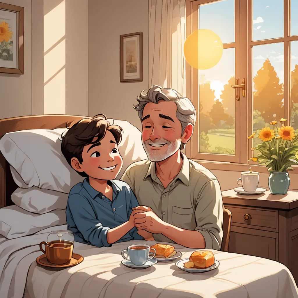 a man and a boy sitting at a table with a plate of food on it, in front of a window, sots art, a storybook illustration, Cliff Childs, rossdraws global illumination