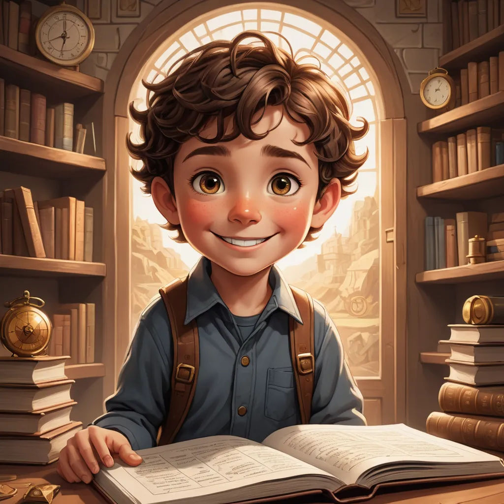 a boy is sitting at a desk with a book and a clock in the background and a book in front of him, fantasy art, a storybook illustration, Diego Gisbert Llorens, rossdraws global illumination