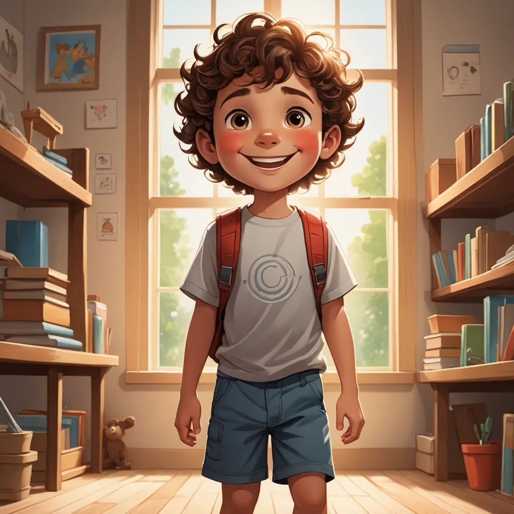 a boy with a backpack standing in front of a window in a room with bookshelves and a teddy bear, photorealism, a storybook illustration, Chris LaBrooy, rossdraws global illumination