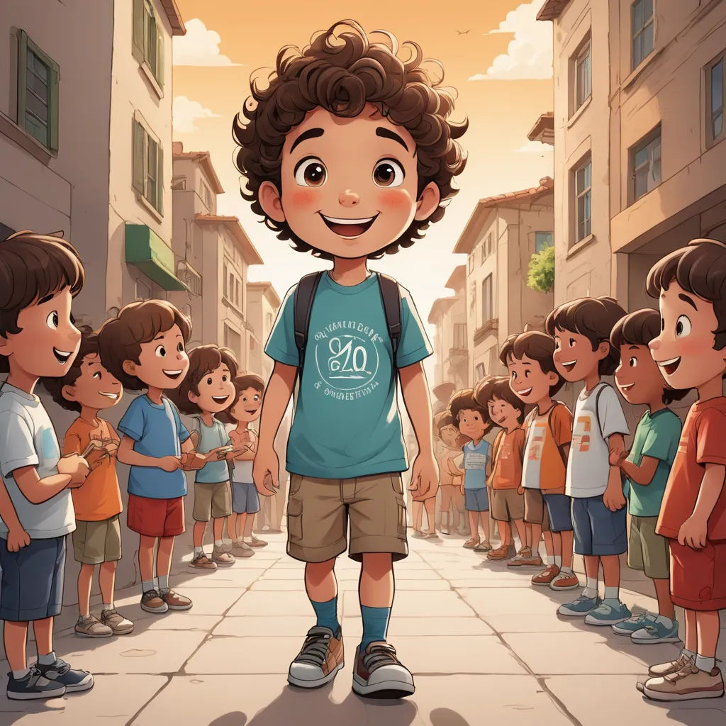 a boy standing in front of a group of children in a city street with buildings and a sky background, serial art, a storybook illustration, Diego Gisbert Llorens, storybook illustration