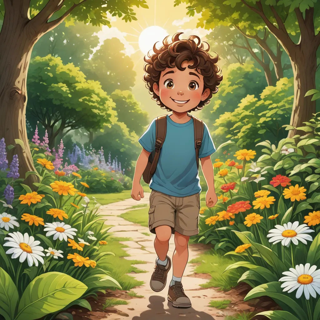 a boy walking through a forest with flowers and trees on either side of him and a sun shining through the trees, plein air, a storybook illustration, Aaron Jasinski, official art