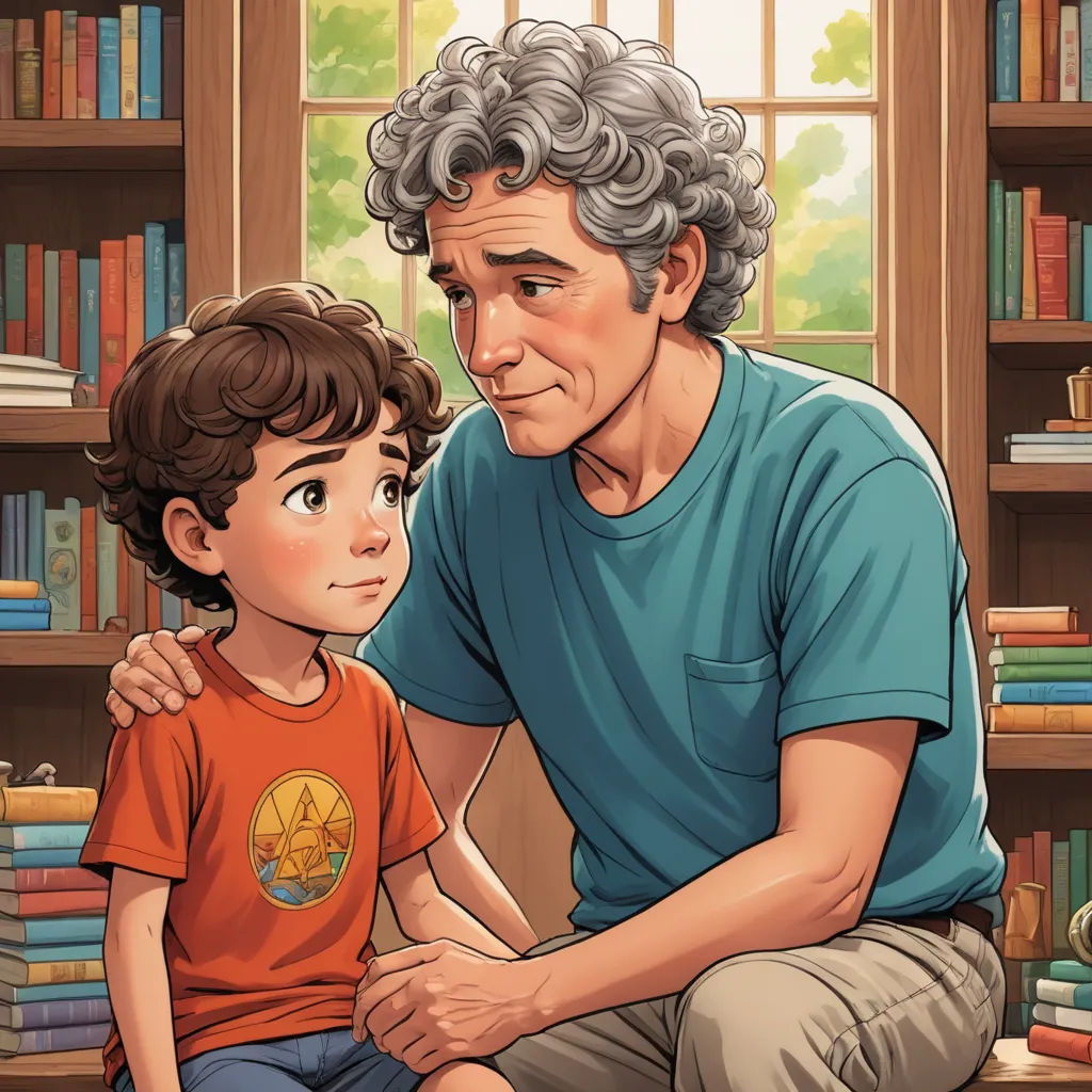 a man and a boy sitting in front of a book shelf with books on it and a window behind them, serial art, a storybook illustration, Aaron Jasinski, storybook illustration
