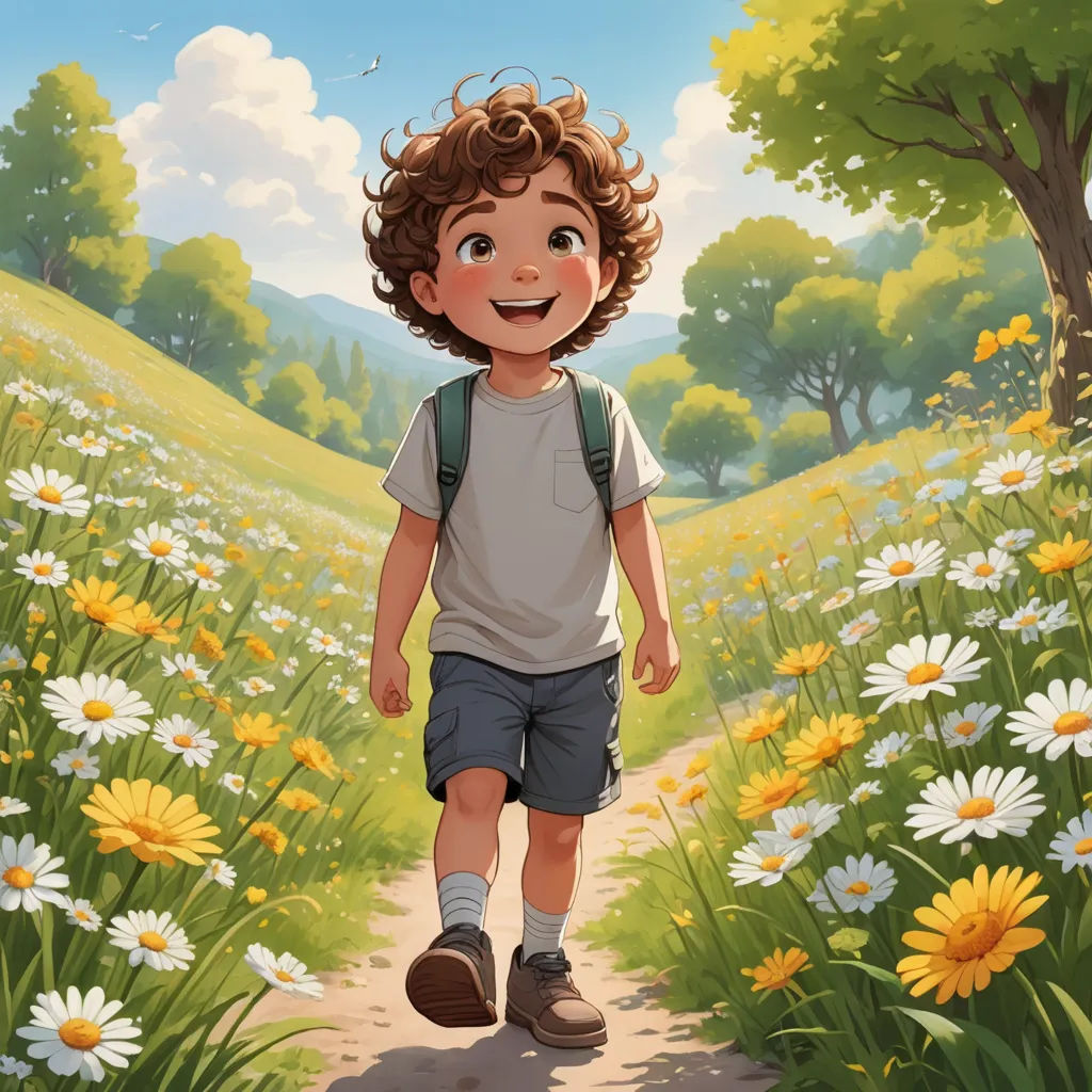 a boy walking down a path in a field of flowers with a backpack on his back and a backpack on his shoulder, american scene painting, a storybook illustration, Aaron Jasinski, rossdraws global illumination