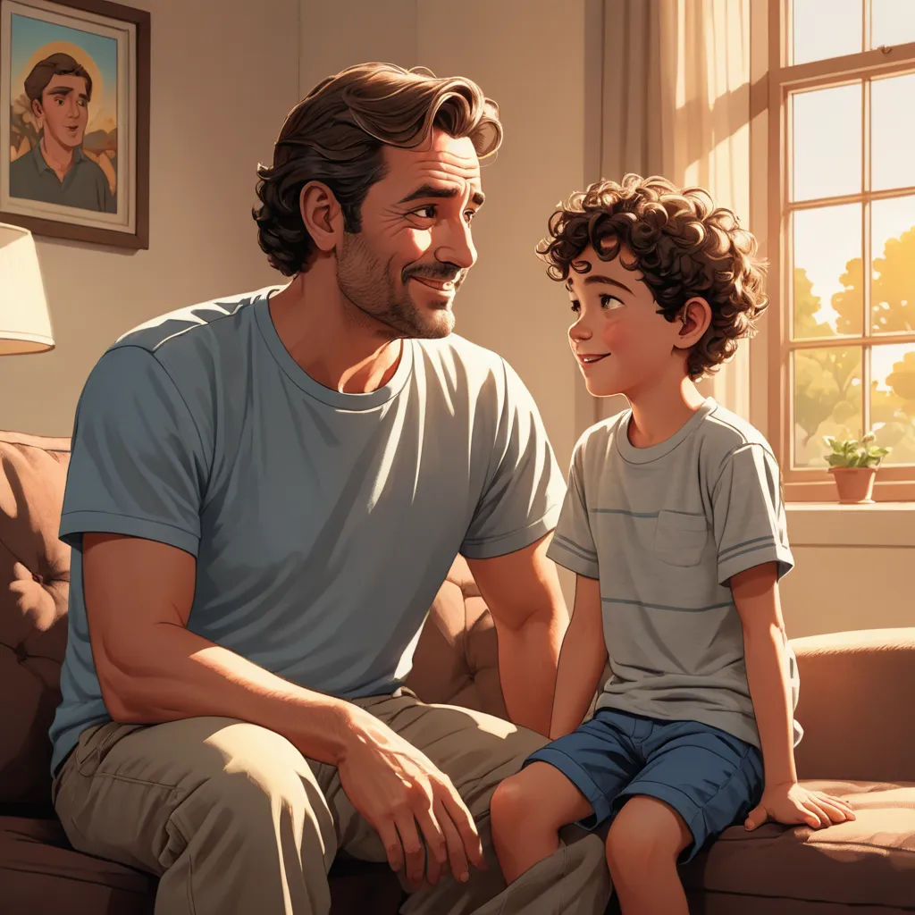 a man and a boy sitting on a couch in a living room together, looking at each other and smiling, american scene painting, a storybook illustration, Brothers Hildebrandt, official art