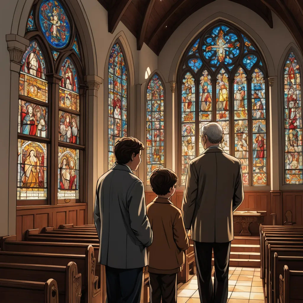 a man and two boys standing in front of a church with stained glass windows and stained glass windows behind them, gothic art, a comic book panel, Brothers Hildebrandt, official art
