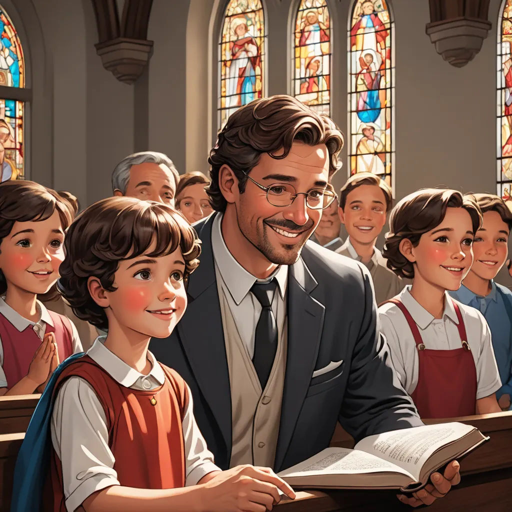 a man standing in front of a group of children in a church with a book open to him and smiling, vancouver school, a storybook illustration, Brothers Hildebrandt, official art