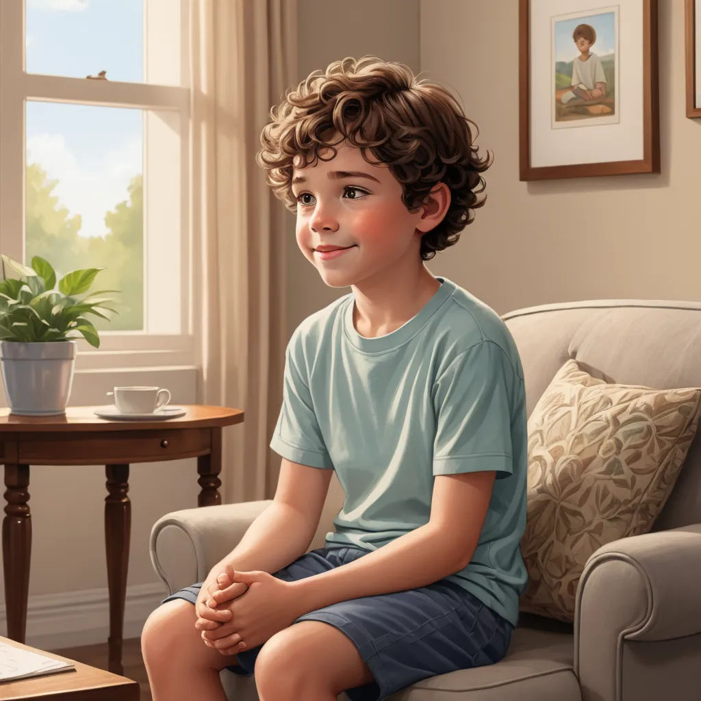 a boy sitting on a couch in a living room with a potted plant in the corner of the room, american scene painting, a storybook illustration, Bob Byerley, professional digital painting