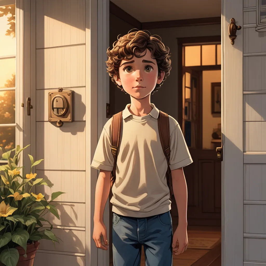 a boy standing in front of a door with a backpack on his back and a potted plant in front of him, american realism, a storybook illustration, Alejandro Burdisio, cgstudio
