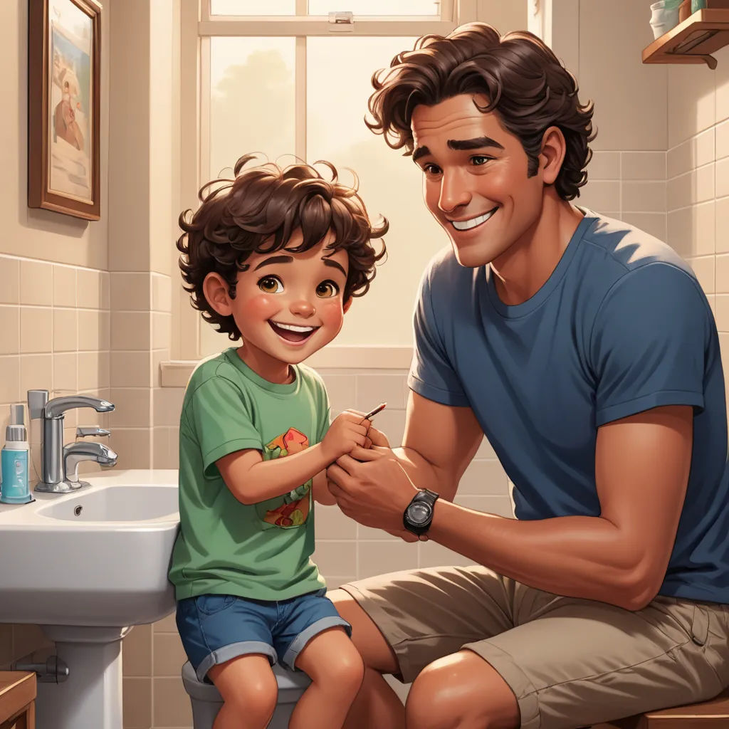 a man and a child sitting on a toilet in a bathroom together, one of them is brushing his teeth, dada, a storybook illustration, Brothers Hildebrandt, stanley artgerm lau
