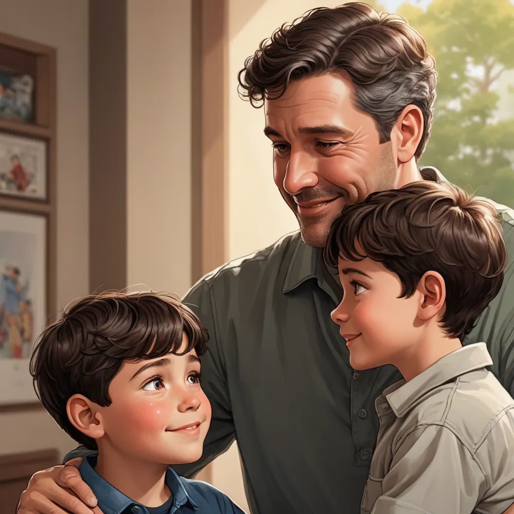 a man and two boys are smiling at each other while the boy is holding the boy's arm, american scene painting, a storybook illustration, Brothers Hildebrandt, storybook illustration
