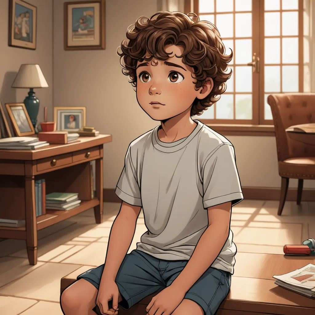 a boy sitting on a table in a room with a desk and chair in the background and a lamp on the floor, american scene painting, a storybook illustration, Everett Warner, official art