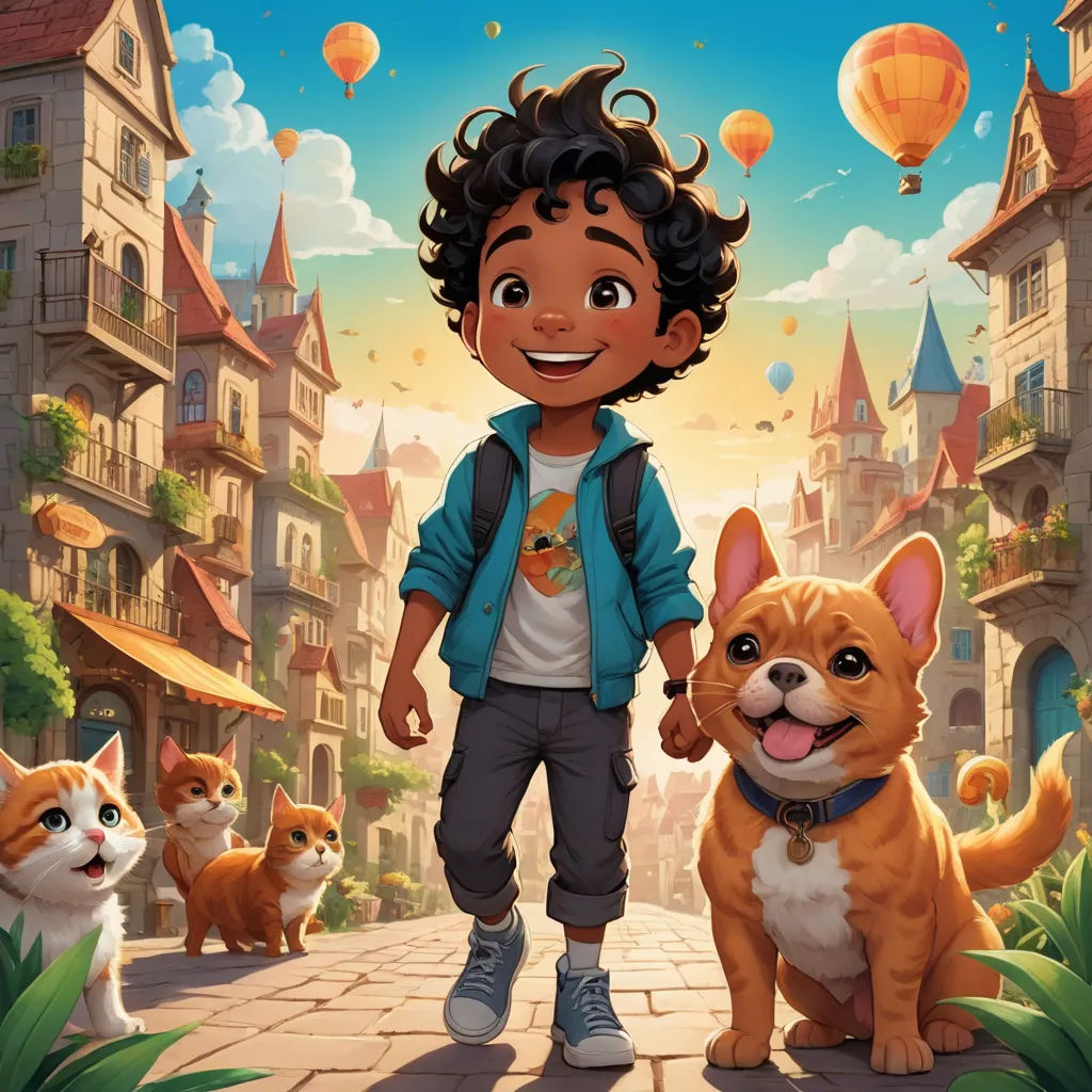 a boy standing next to a dog and a cat on a street with balloons in the sky above him, sots art, poster art, Chris LaBrooy, key art