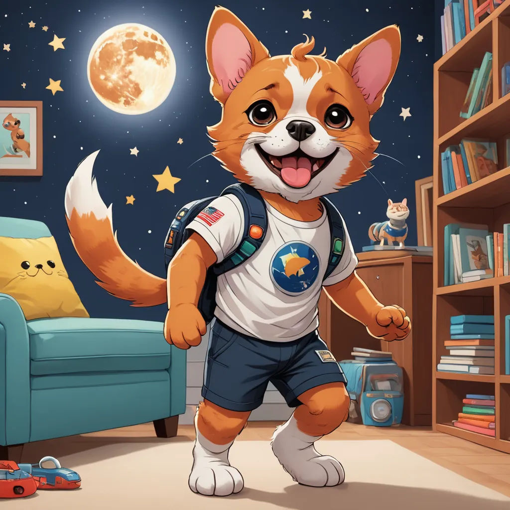a cartoon dog is standing in a living room with a blue couch and a bookcase full of books, furry art, a storybook illustration, Chris LaBrooy, official art