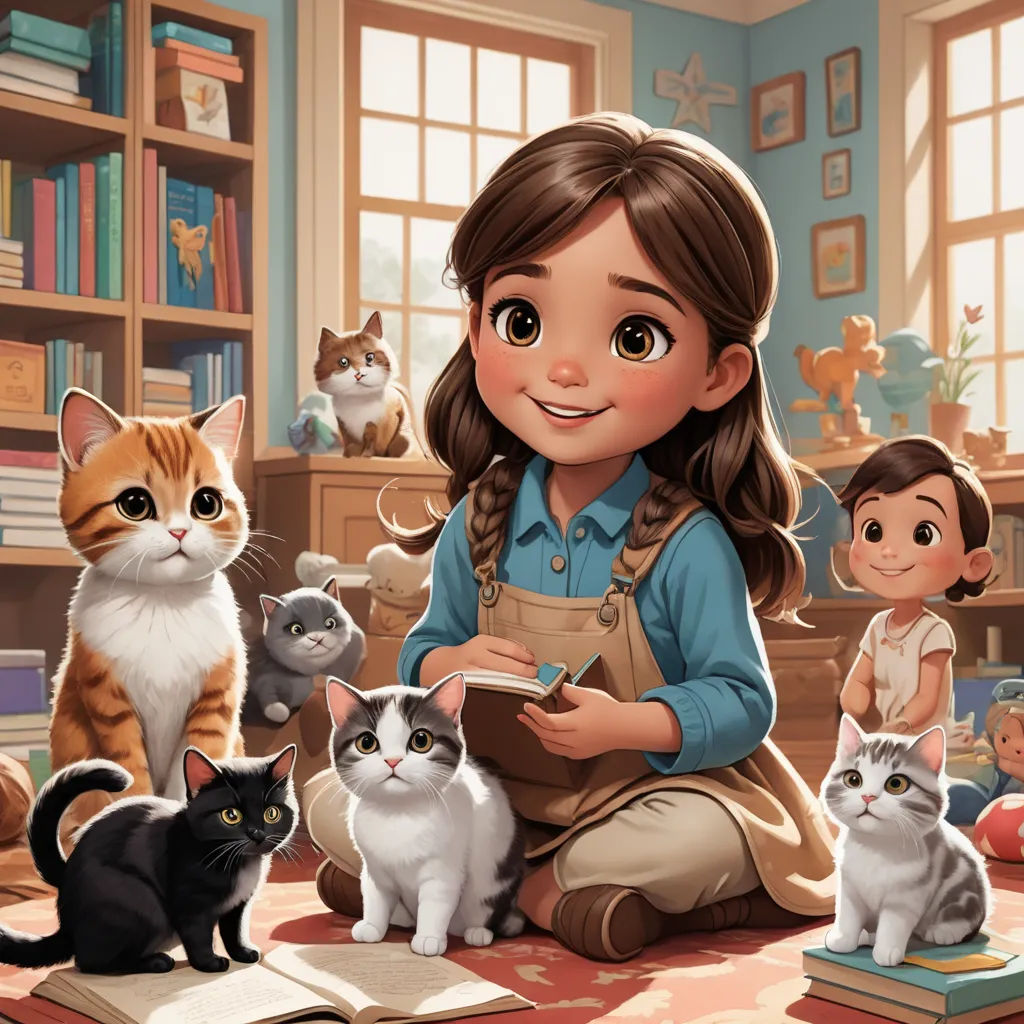 a girl is sitting on the floor with cats and a book in front of her and a cat on the floor, furry art, a storybook illustration, Chris LaBrooy, storybook illustration