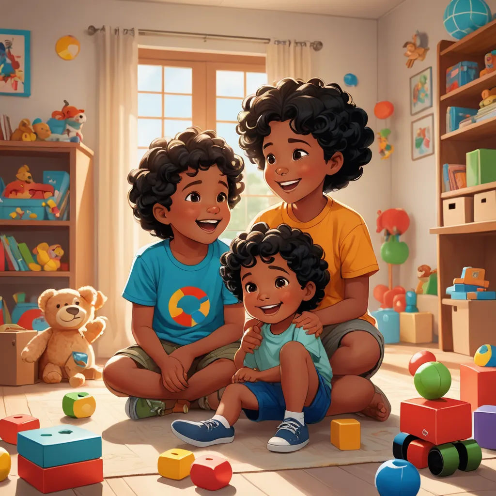 a painting of three children playing with blocks in a room with toys and a teddy bear on the floor, sots art, a storybook illustration, Chris LaBrooy, rossdraws global illumination