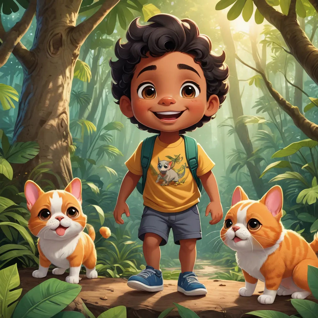 a boy standing in the middle of a forest with two cats and a cat on his back and a cat on his shoulder, sots art, poster art, Chris LaBrooy, key art