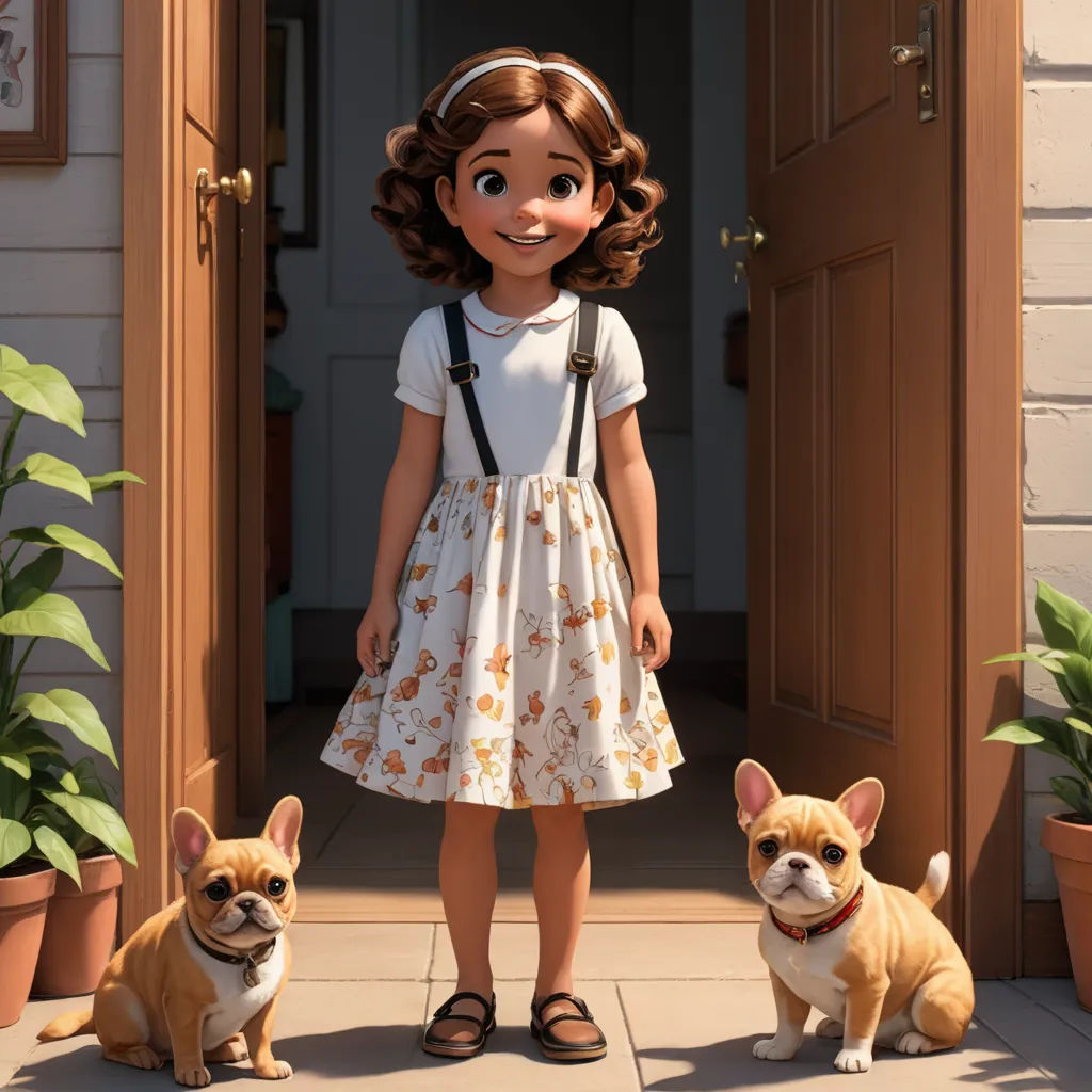 a girl and a dog standing in front of a door with a house in the background and a potted plant, photorealism, a character portrait, disney, pixar and disney animation