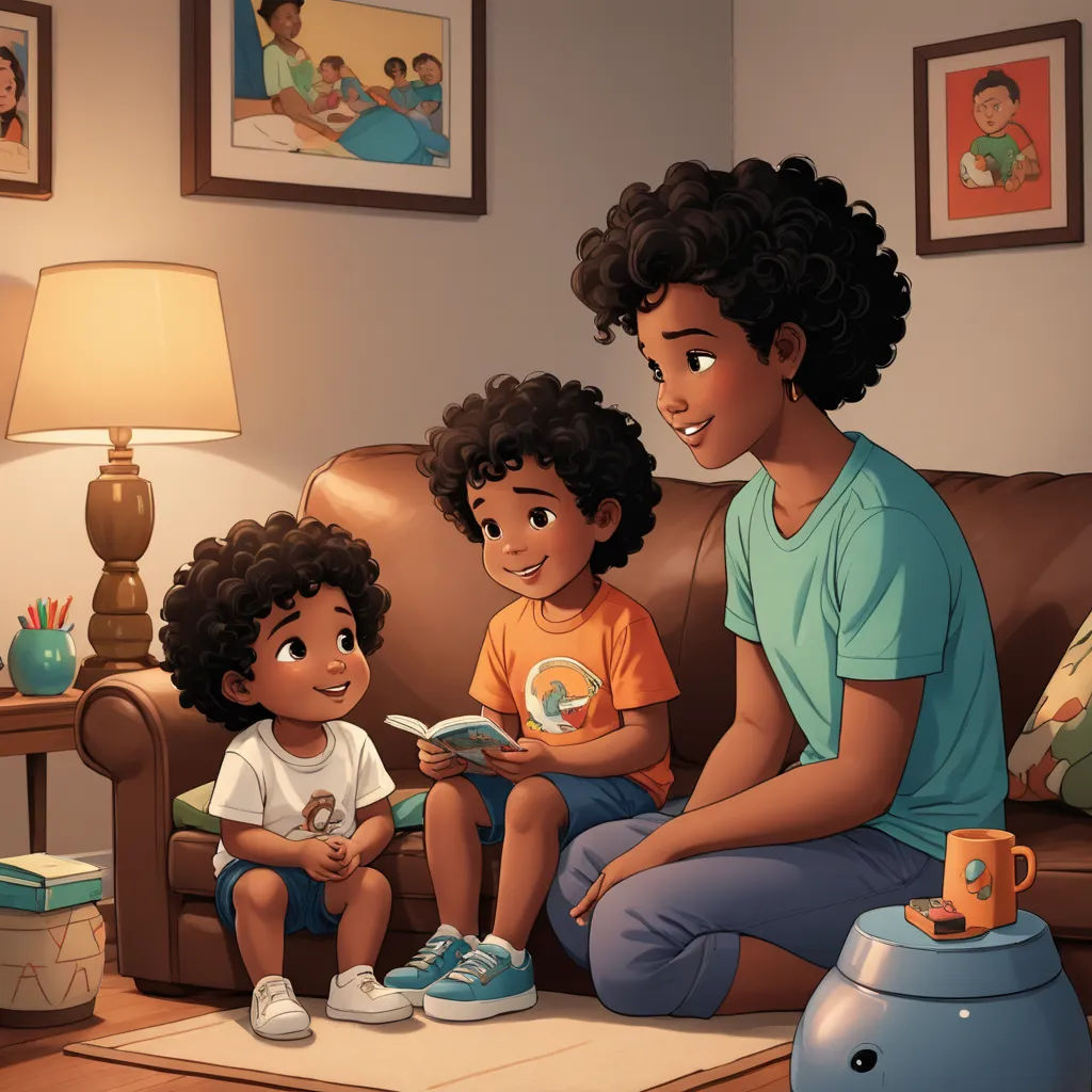 a woman and two children sitting on a couch reading a book together in a living room with a lamp on, american scene painting, a storybook illustration, Everett Warner, storybook illustration