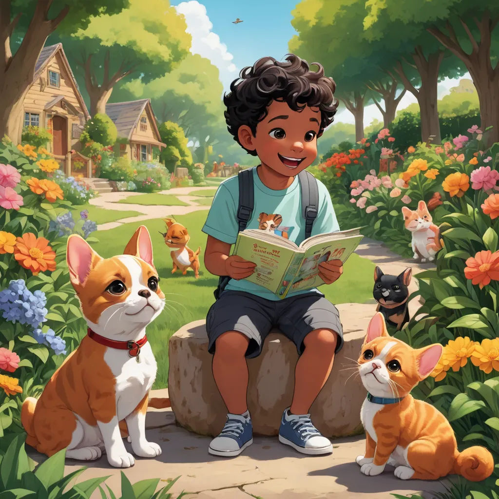 a boy sitting on a rock reading a book with two dogs and a cat nearby him in a garden, american scene painting, a storybook illustration, Chris LaBrooy, comic cover art