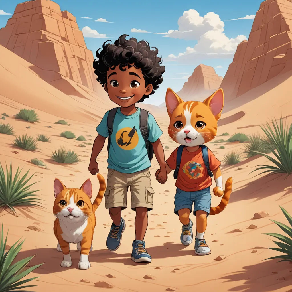 a boy and a cat walking in the desert together, with a mountain in the background and a sky with clouds, furry art, a storybook illustration, Chris LaBrooy, promotional image