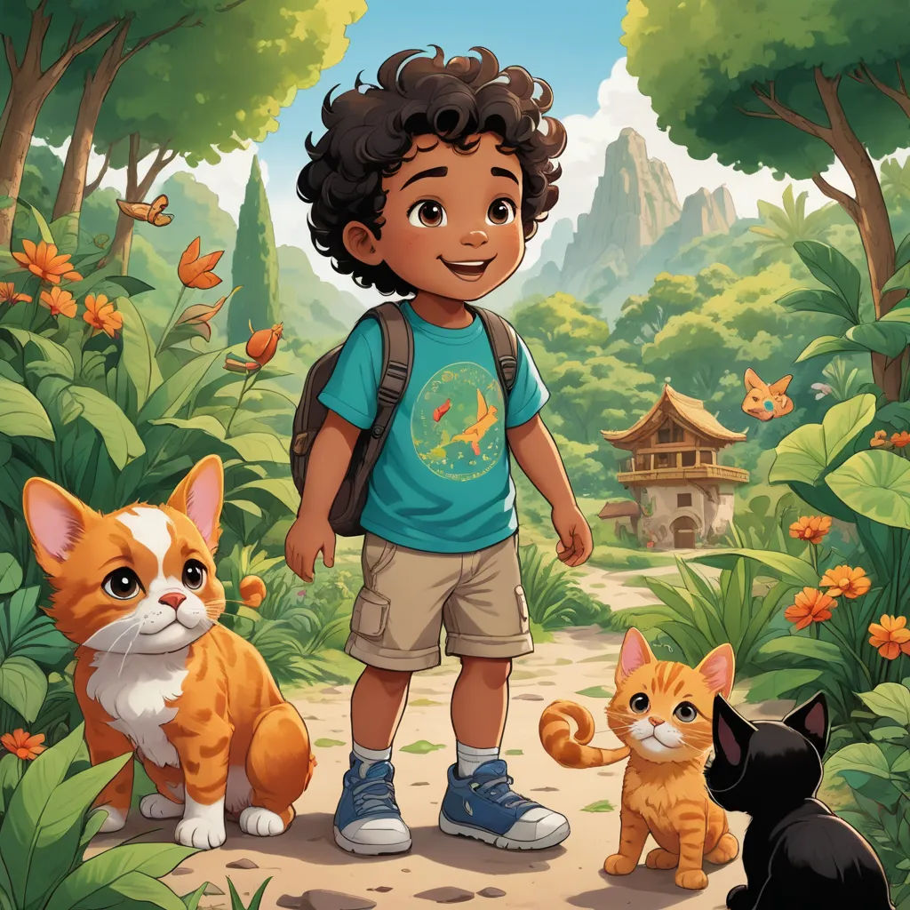a boy standing in the woods with two cats and a bird on his shoulder and a bird on his shoulder, sots art, a storybook illustration, Chris LaBrooy, comic cover art