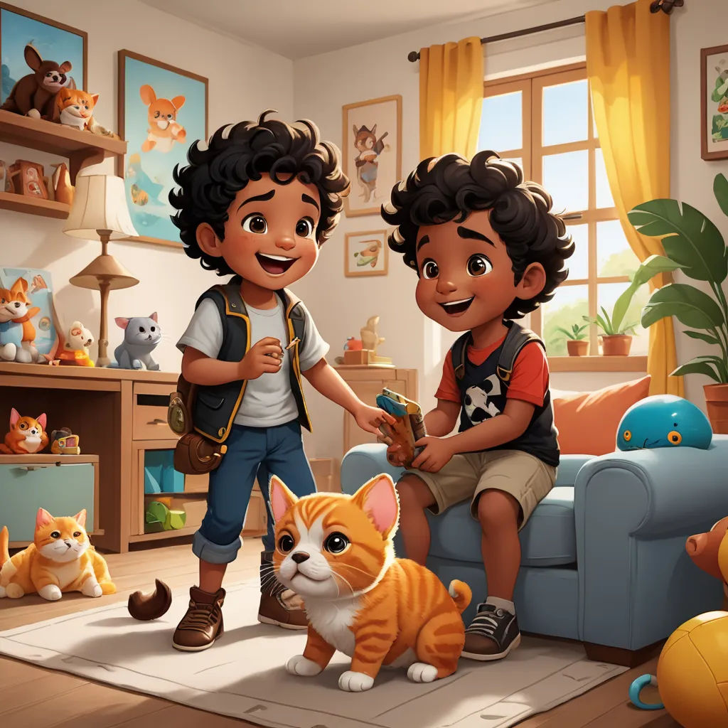 a boy and a girl are playing with a cat in a living room with a cat on the floor, sots art, a storybook illustration, Chris LaBrooy, official art