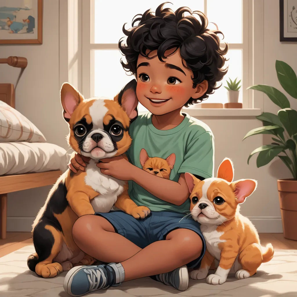 a boy holding two puppies and a cat in his arms in front of a bed with a plant, sots art, a storybook illustration, Diego Gisbert Llorens, comic cover art