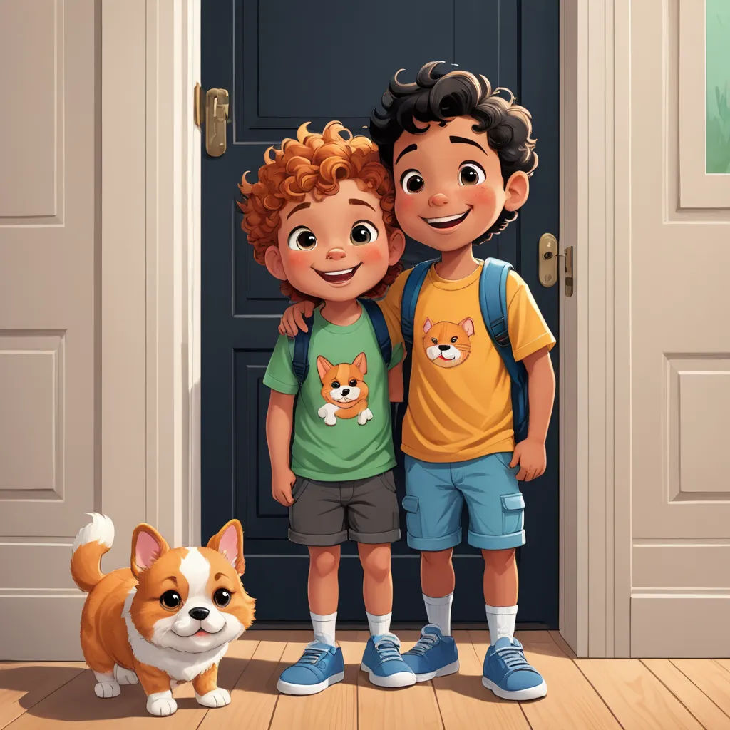 a boy and a girl standing in front of a door with a dog standing next to them on a wooden floor, sots art, a storybook illustration, Diego Gisbert Llorens, official art