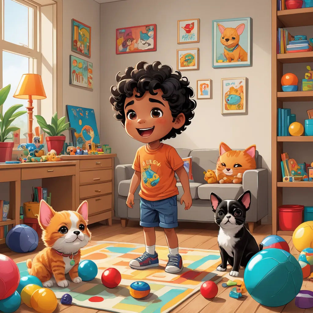 a boy standing in a room with a bunch of toys and cats around him and a cat on the floor, sots art, a storybook illustration, Chris LaBrooy, key art