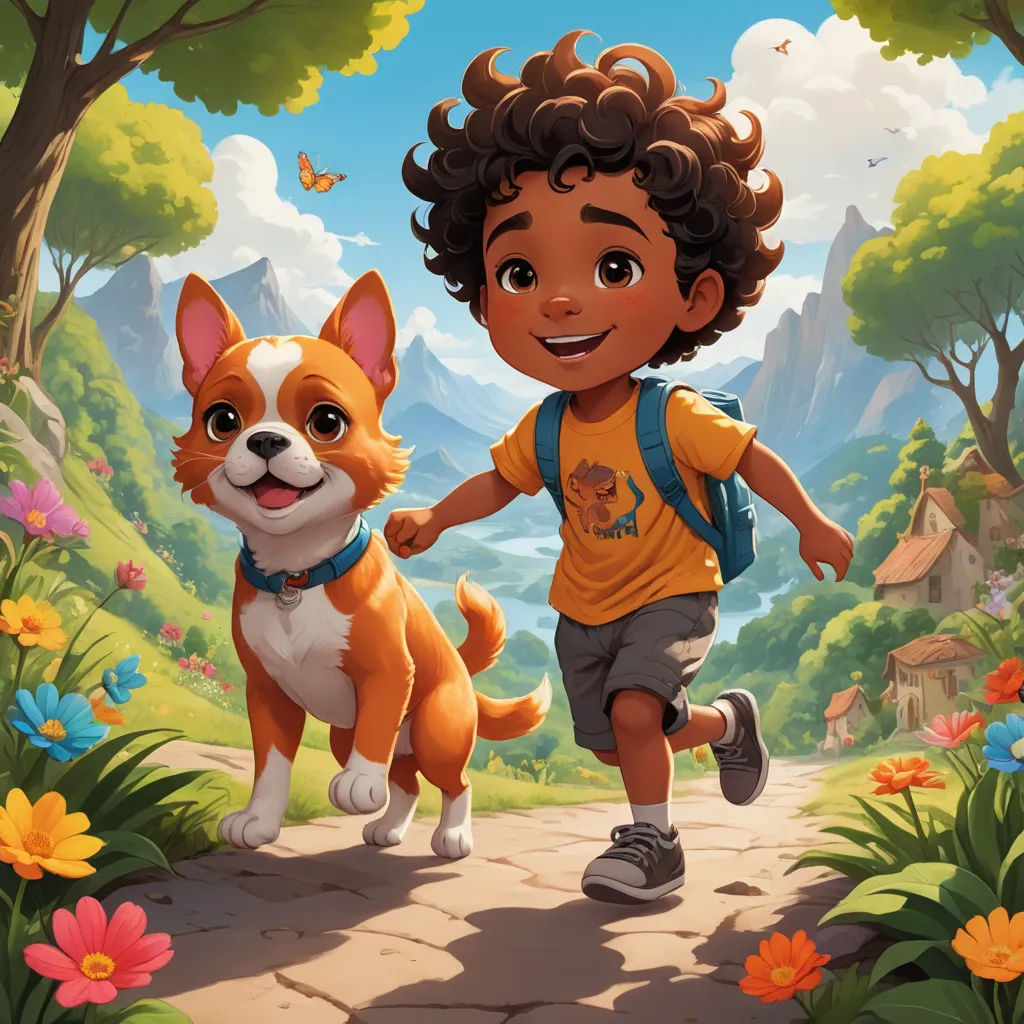 a boy and a dog are walking through a forest with flowers and trees on either side of the boy, sots art, a storybook illustration, Chris LaBrooy, key art