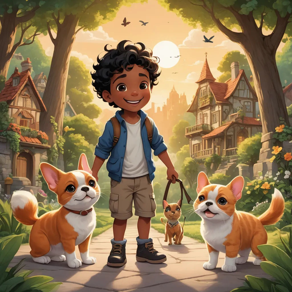 a boy with two dogs in a park with a house in the background and a bird flying overhead in the sky, sots art, a storybook illustration, Chris LaBrooy, comic cover art