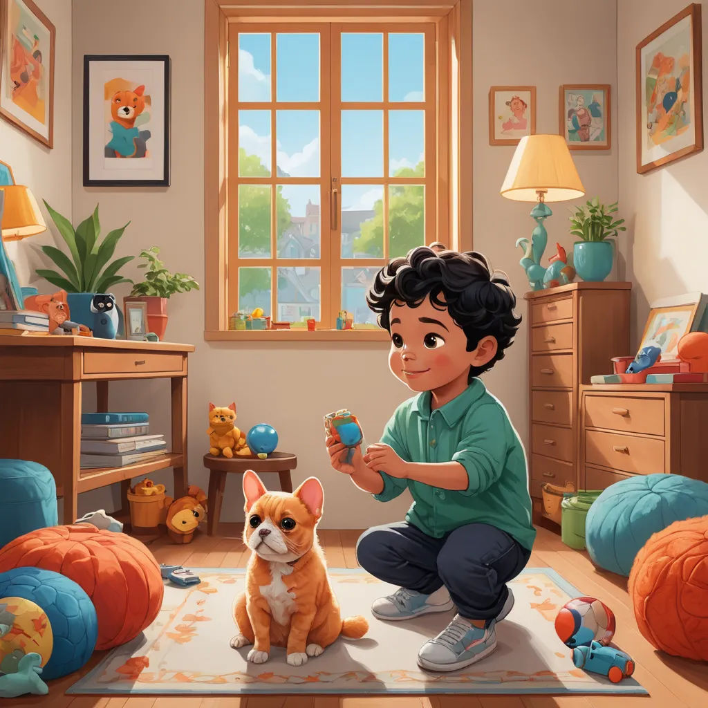 a boy is playing with a dog in a room with toys and a teddy bear on the floor and a teddy bear on the floor, sots art, a storybook illustration, Chris LaBrooy, key art