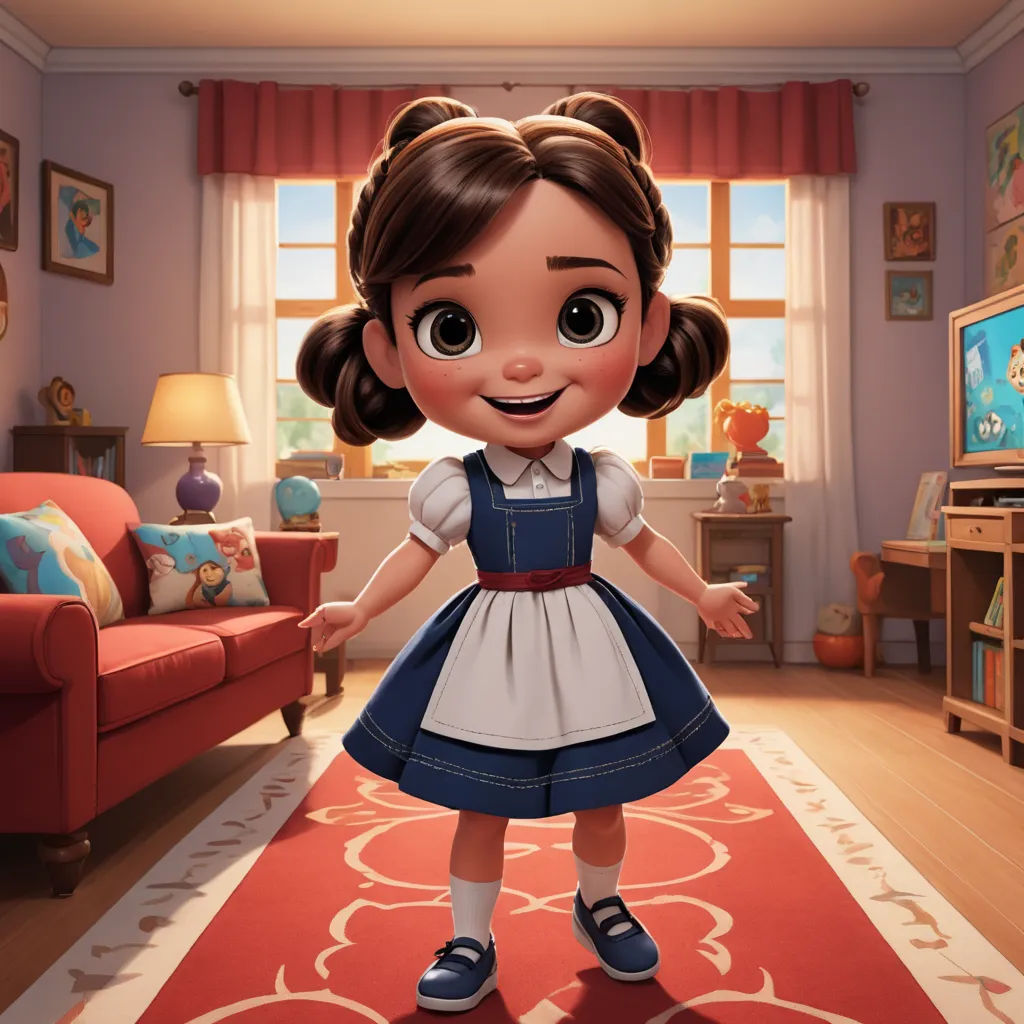 a cartoon girl in a living room with a red rug and a red couch and a red chair and a red rug, photorealism, a character portrait, Ada Gladys Killins, promotional image