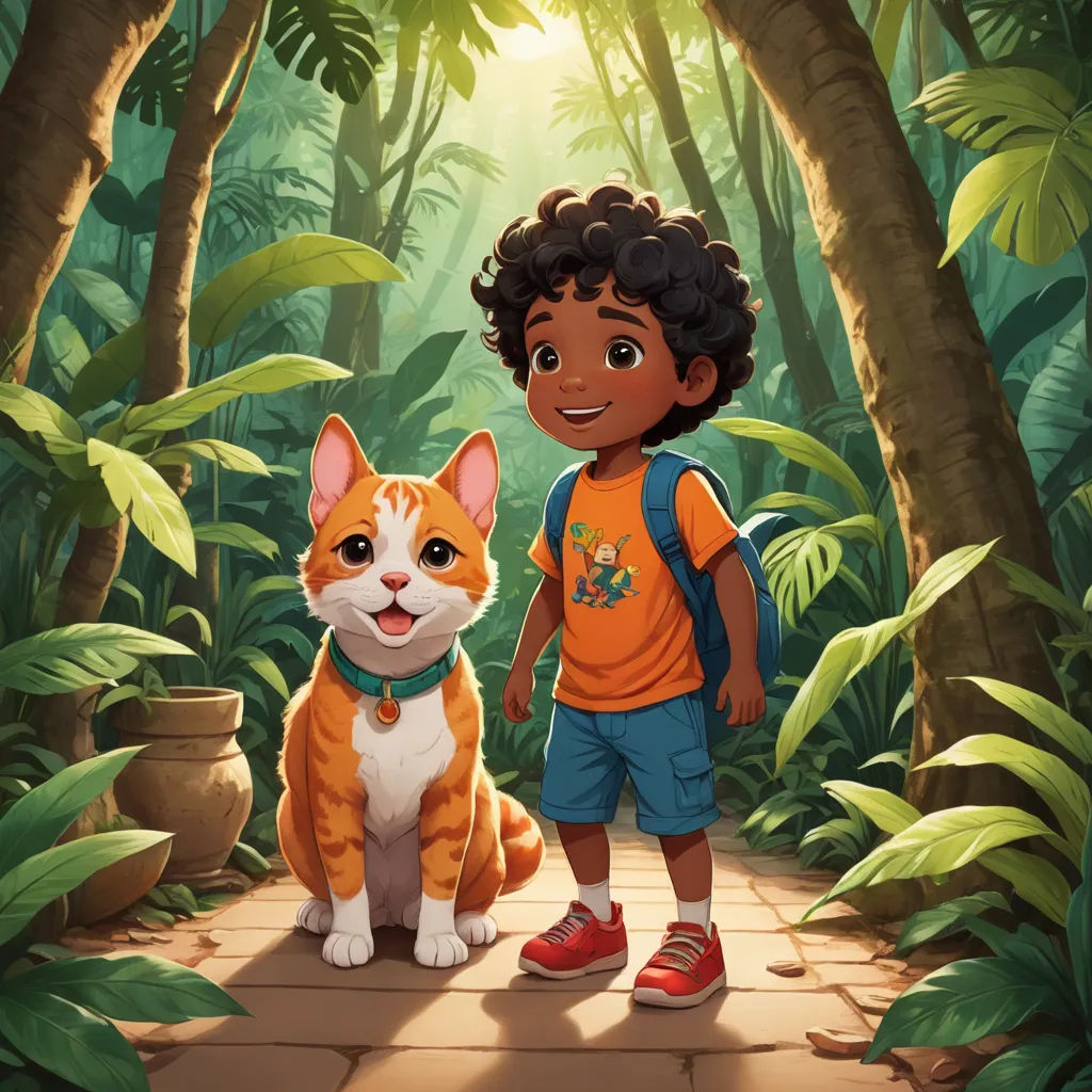 a boy and a cat in a jungle with a sunbeam in the background and a jungle scene with trees, sots art, a storybook illustration, Chris LaBrooy, official art