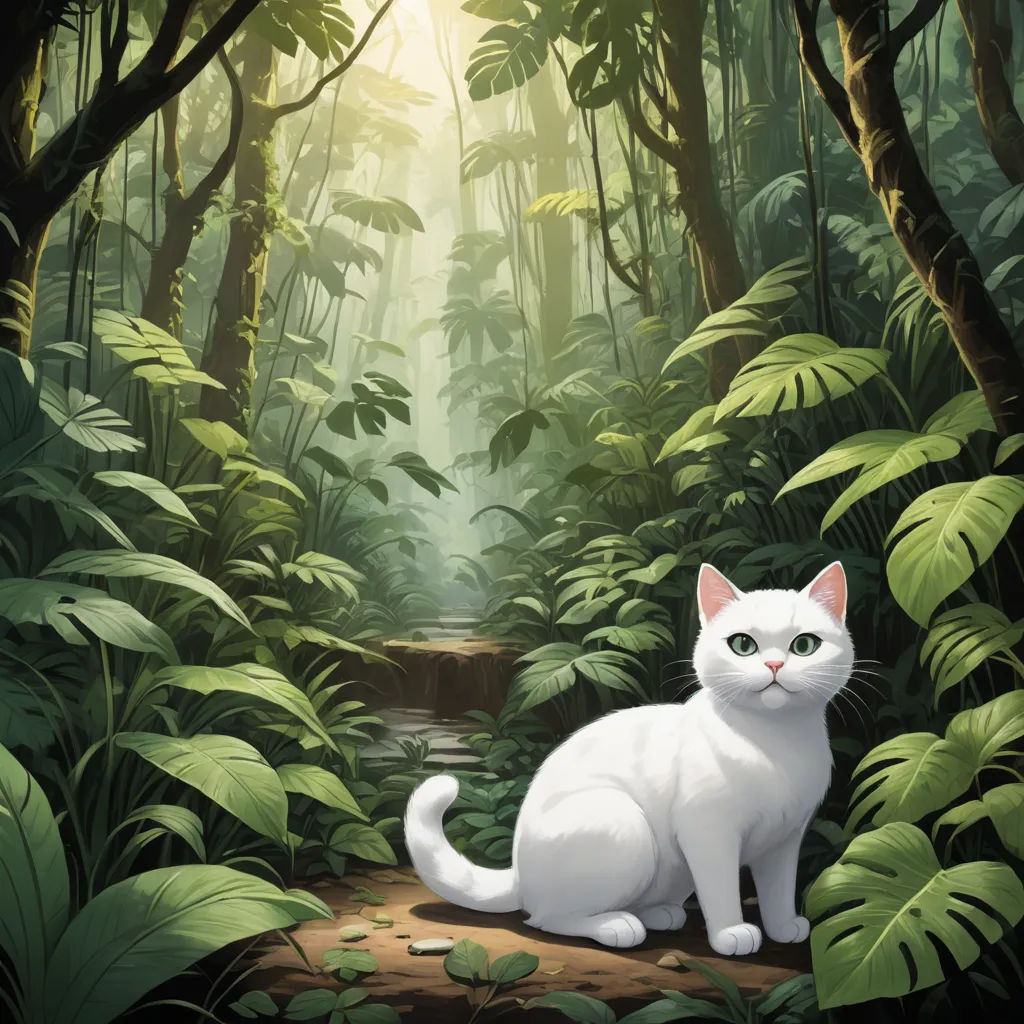 a white cat sitting in the middle of a forest with a stream running through it's center and trees, sots art, a storybook illustration, Carlos Catasse, official art