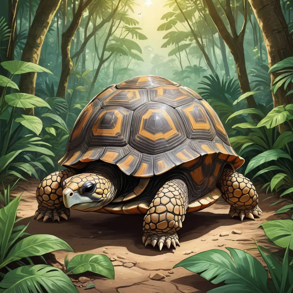 a large turtle walking through a forest filled with trees and plants on a dirt road next to a forest, sots art, an illustration of, Chris LaBrooy, golden ratio illustration