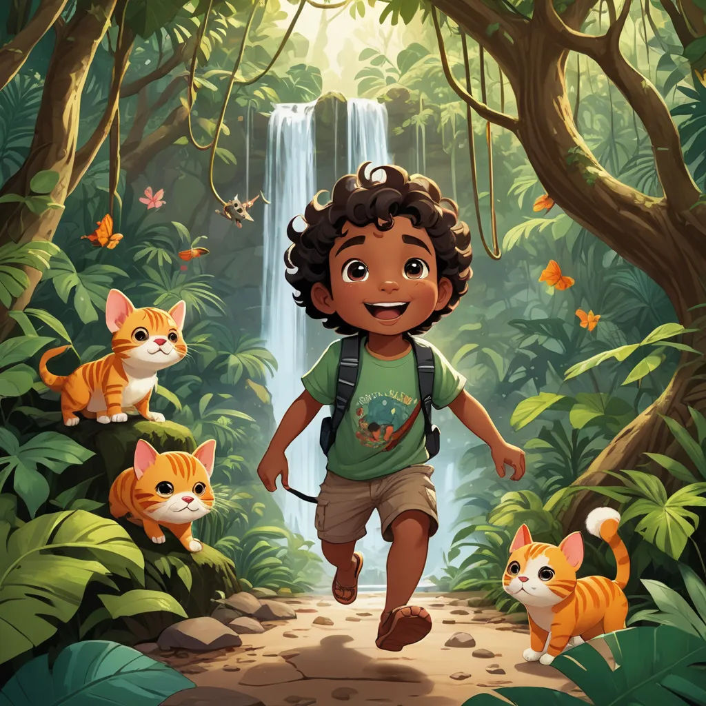 a boy running through a jungle with cats and a waterfall in the background with butterflies flying overhead and a cat on the ground, furry art, a storybook illustration, Aaron Jasinski, comic cover art