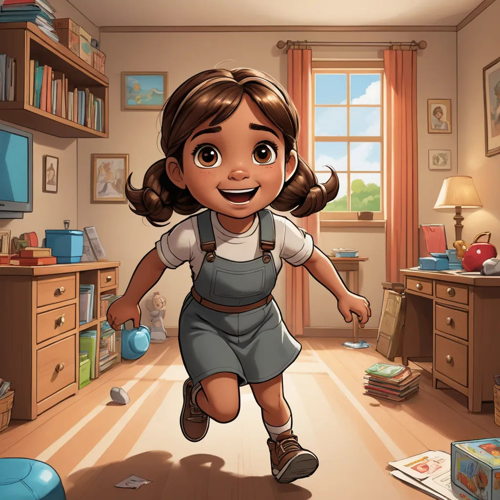 a cartoon girl running through a messy room with a bookcase and a desk in the background and a window with a view of a sky, sots art, a storybook illustration, Diego Gisbert Llorens, official art