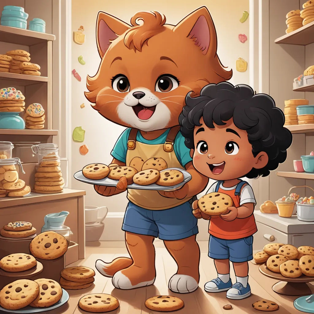 a little boy and a cat are holding cookies in a bakery with a cat on the shelf behind them, sots art, a storybook illustration, Chris LaBrooy, promotional image