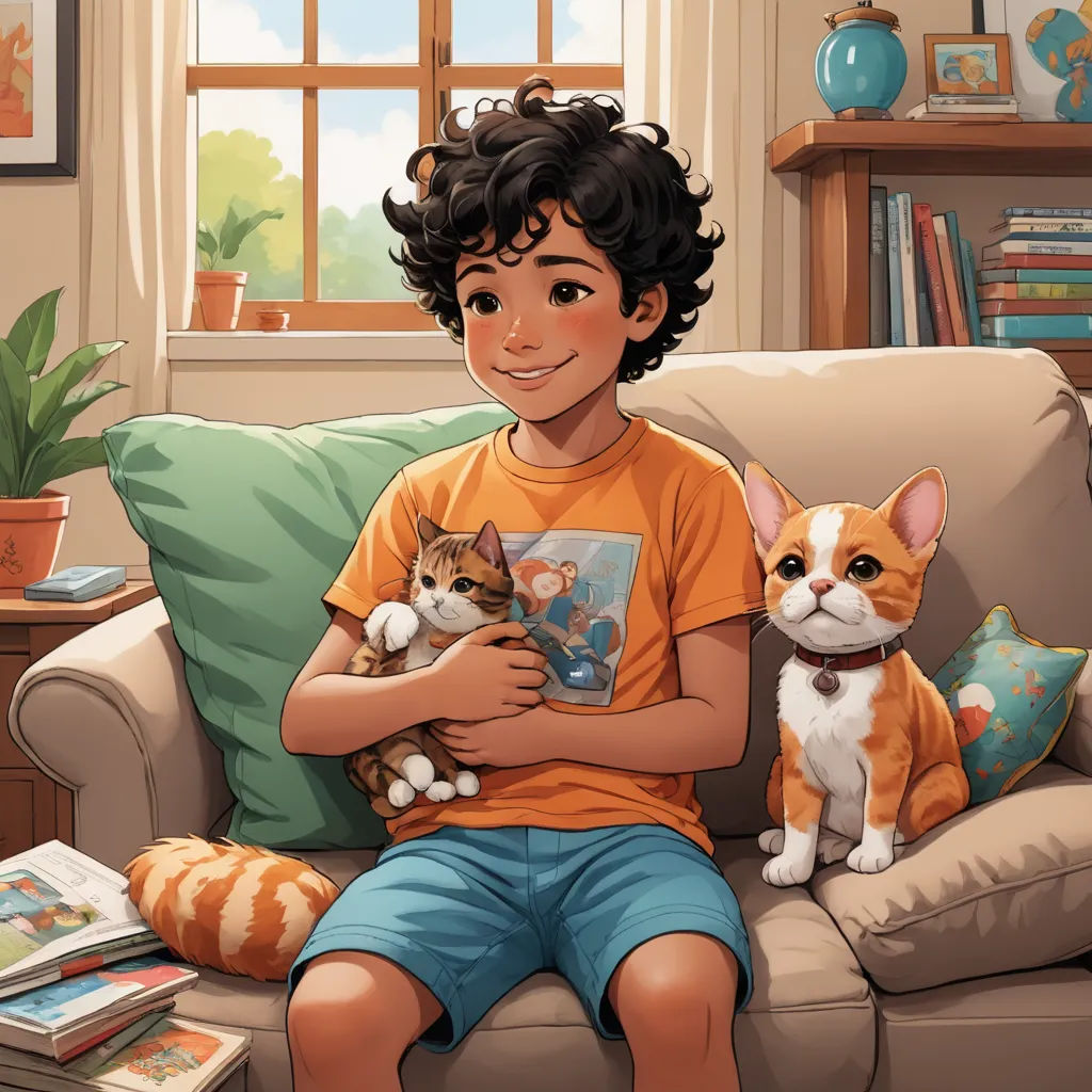 a boy sitting on a couch holding two cats and a book in his hands and a cat sitting on the couch, furry art, a storybook illustration, Aaron Jasinski, official art