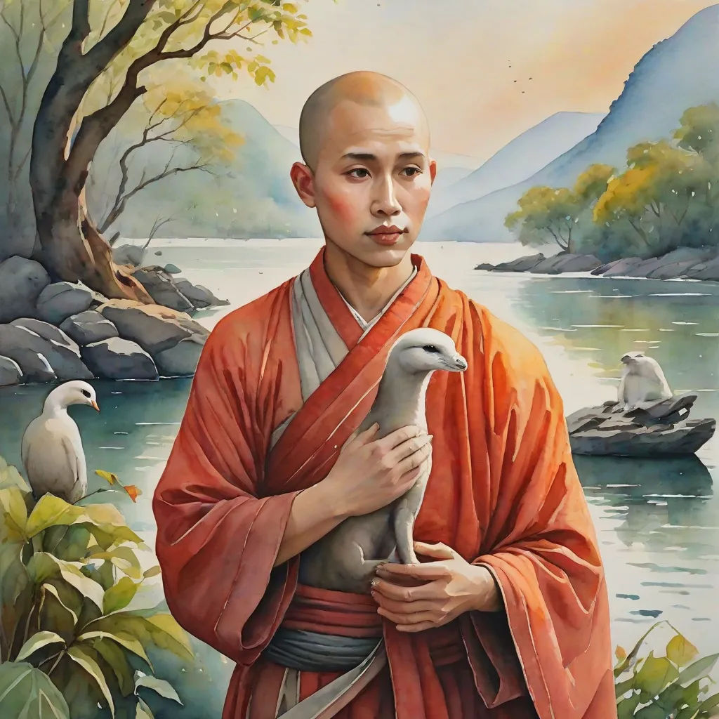 a painting of a man holding a bird in his hands and a river in the background with a boat in the water, Ding Guanpeng, figurative art, a detailed painting, phuoc quan