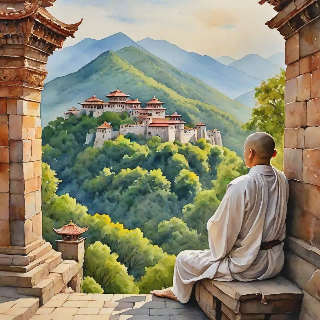 a painting of a monk sitting on a ledge looking out at a scenic mountain town with a castle in the distance, Christophe Vacher, figurative art, a detailed matte painting, serene