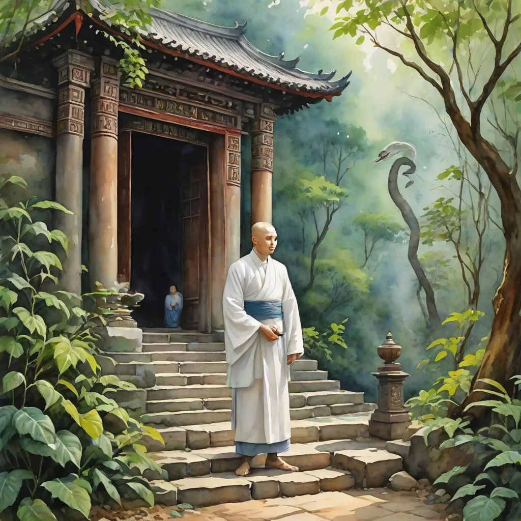 a painting of a man standing on steps in front of a building with a snake on it's side, Emperor Huizong of Song, fantasy art, a detailed matte painting, phuoc quan