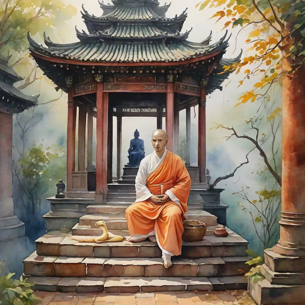 a painting of a monk sitting on steps in front of a pagoda with a bowl of food on the steps, Emperor Huizong of Song, figurative art, a detailed painting, phuoc quan