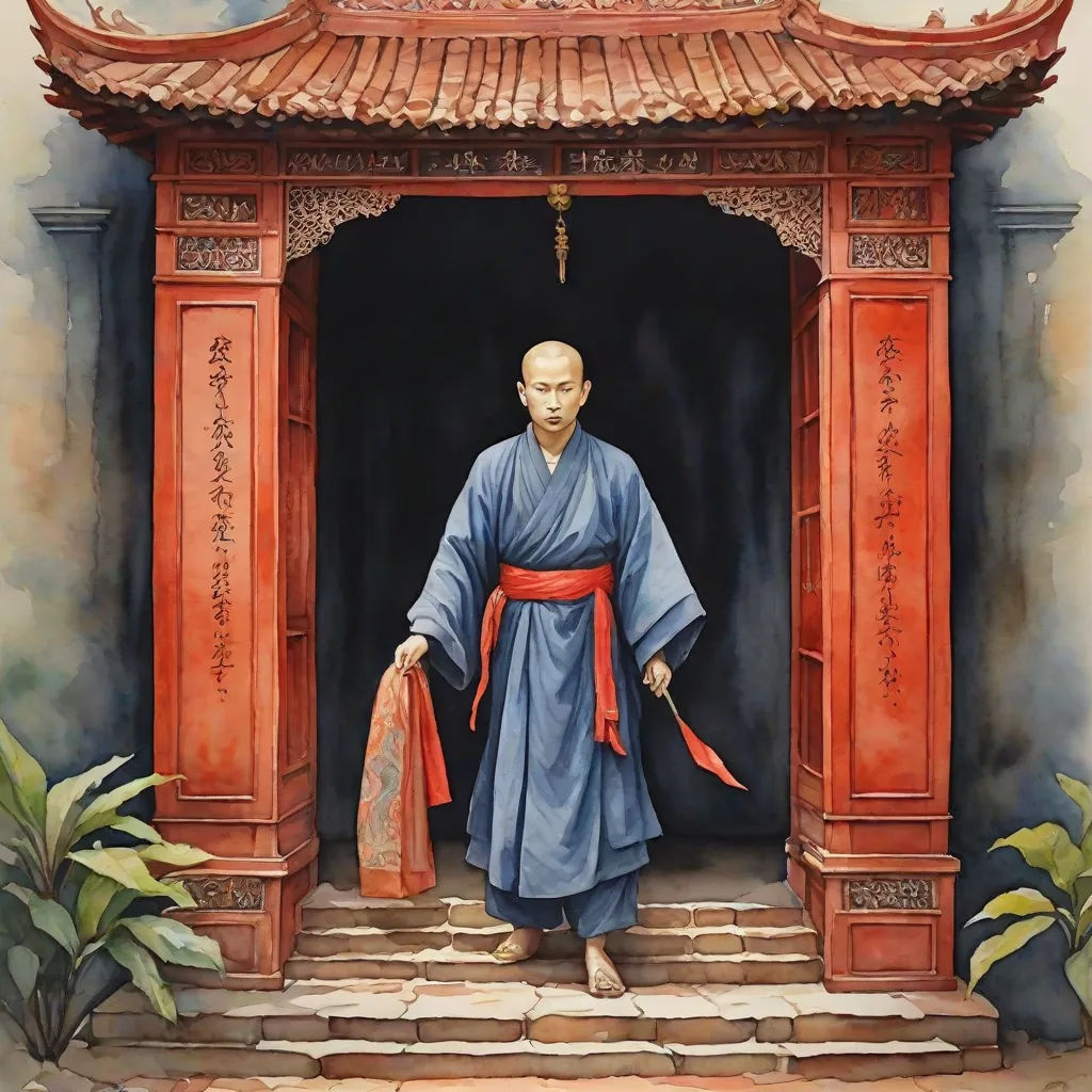 a painting of a man in a blue robe standing in a doorway with a red sash around his neck, Emperor Huizong of Song, cloisonnism, a detailed painting, phuoc quan