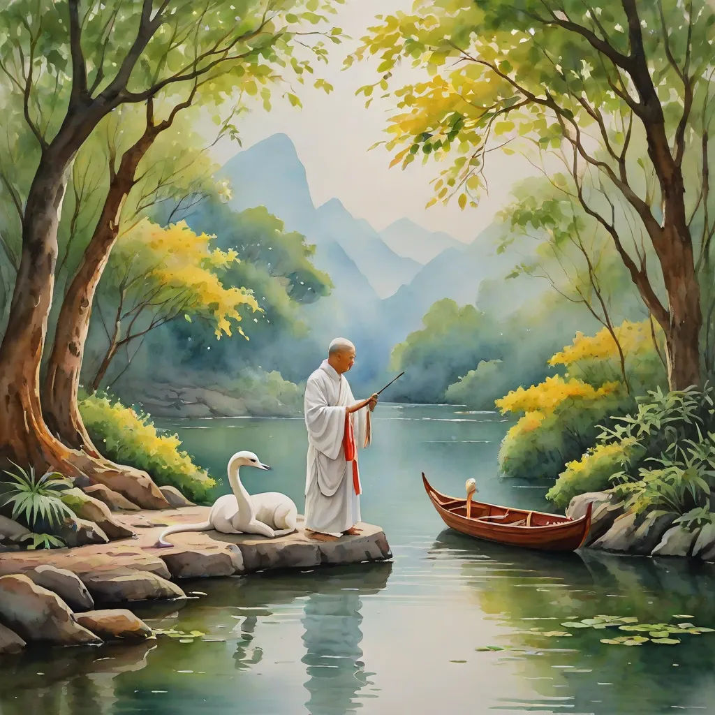 a painting of a man standing on a rock next to a boat and swans in a river with mountains in the background, Ding Guanpeng, figurative art, a painting, phuoc quan