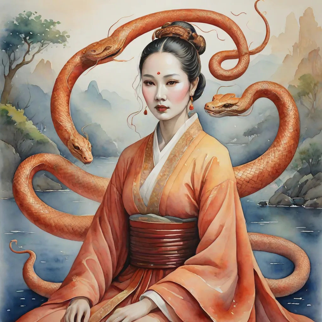a painting of a woman with a snake on her head and a snake on her shoulder, sitting in front of a river, Donato Giancola, fantasy art, a detailed painting, highly detailed digital painting